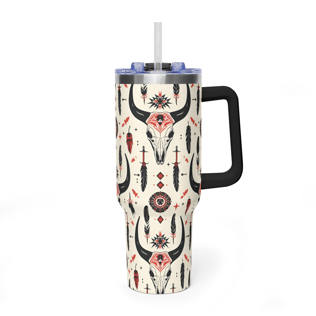 40oz Western Skull Tumbler — Boho Cow Skull & Feathers Vacuum Travel Mug