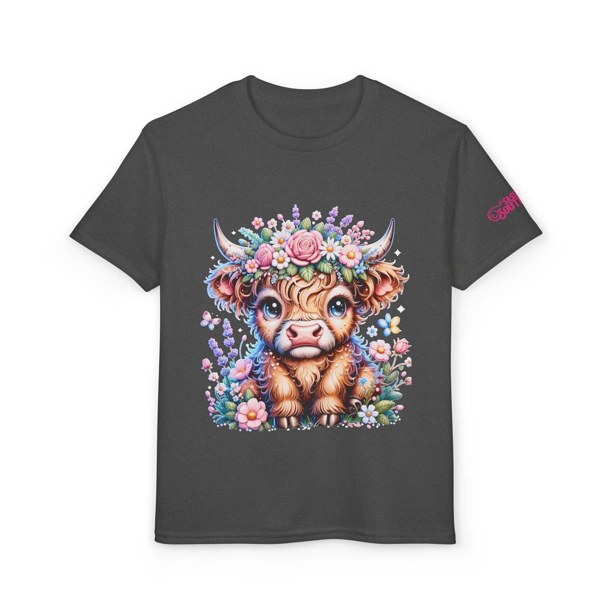 Cute Highland Calf Floral Youth T-Shirt