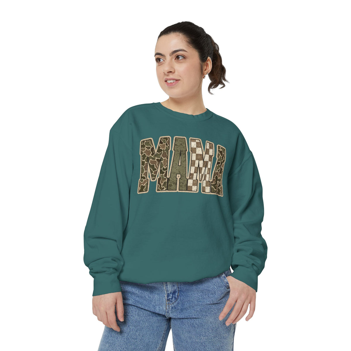 MAMA Camo Patch Sweatshirt — Women's Mama Graphic Crewneck