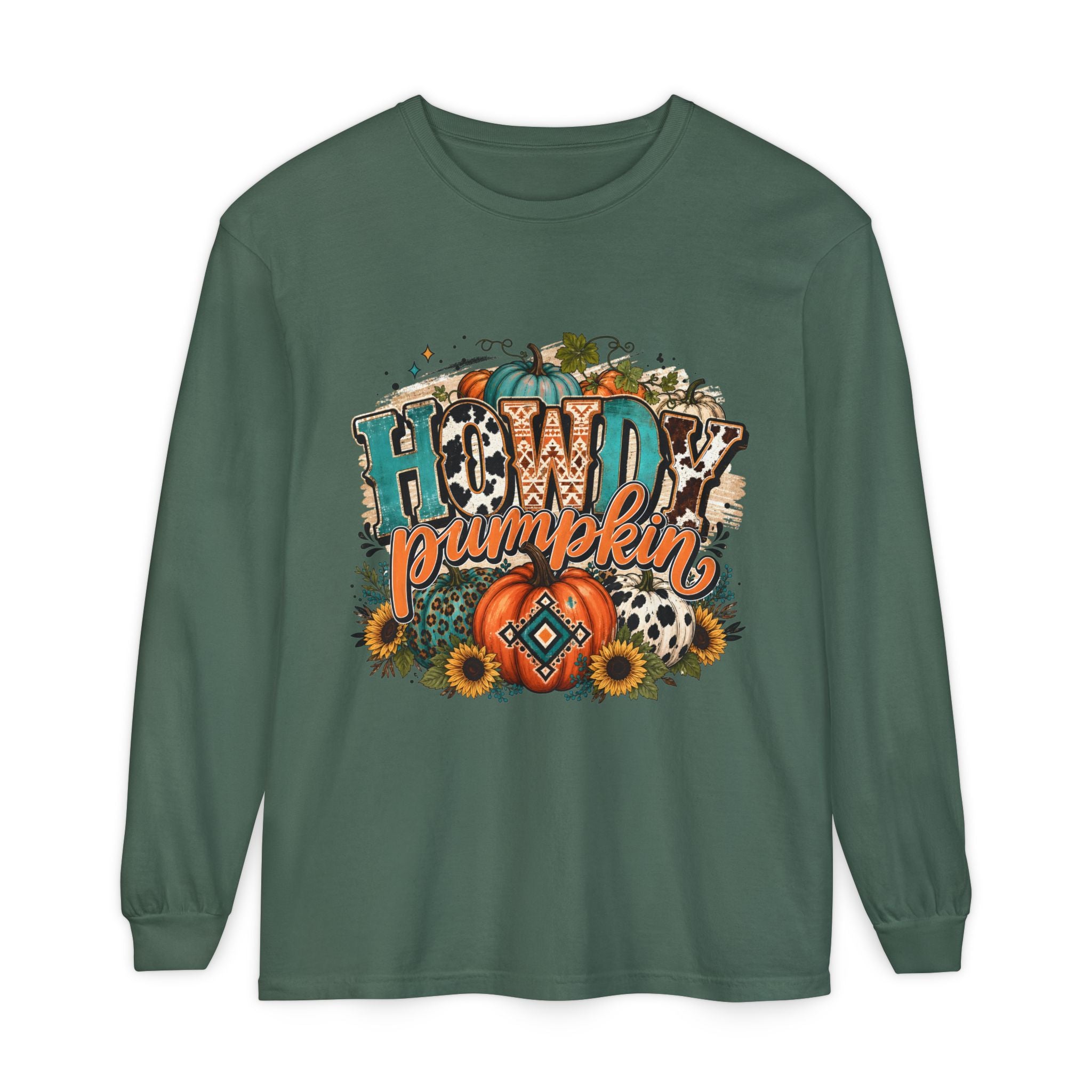 Howdy Pumpkin Long Sleeve Tee — Fall Pumpkin & Sunflower Graphic Shirt
