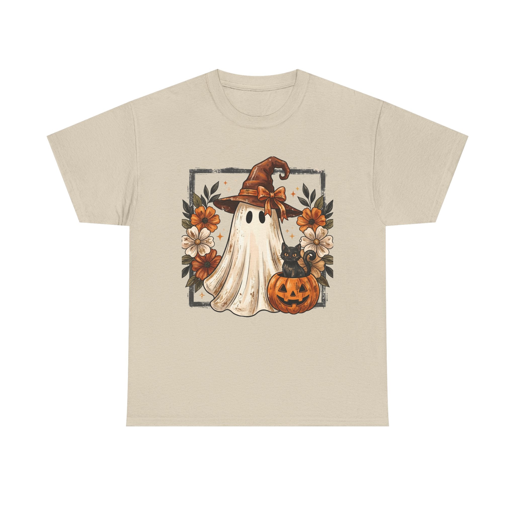 Halloween Ghost Tee — Cute Ghost in Witch Hat with Pumpkin & Flowers