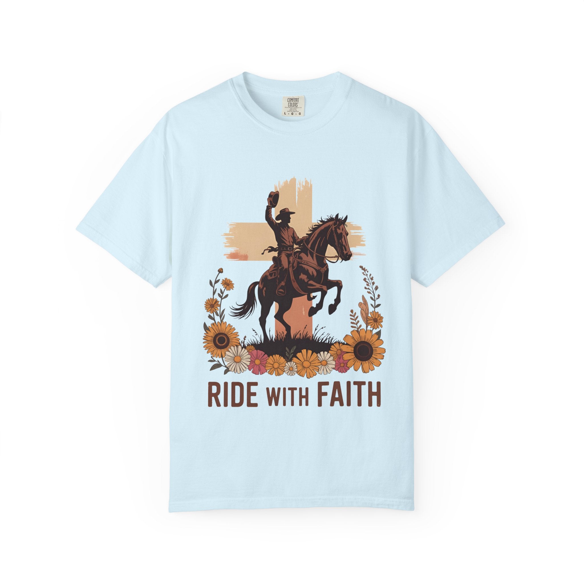 Ride With Faith Cowboy T-Shirt – Western Horse Graphic with Sunflowers