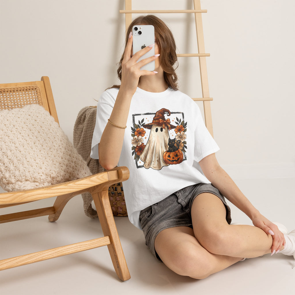 Halloween Ghost Tee — Cute Ghost in Witch Hat with Pumpkin & Flowers