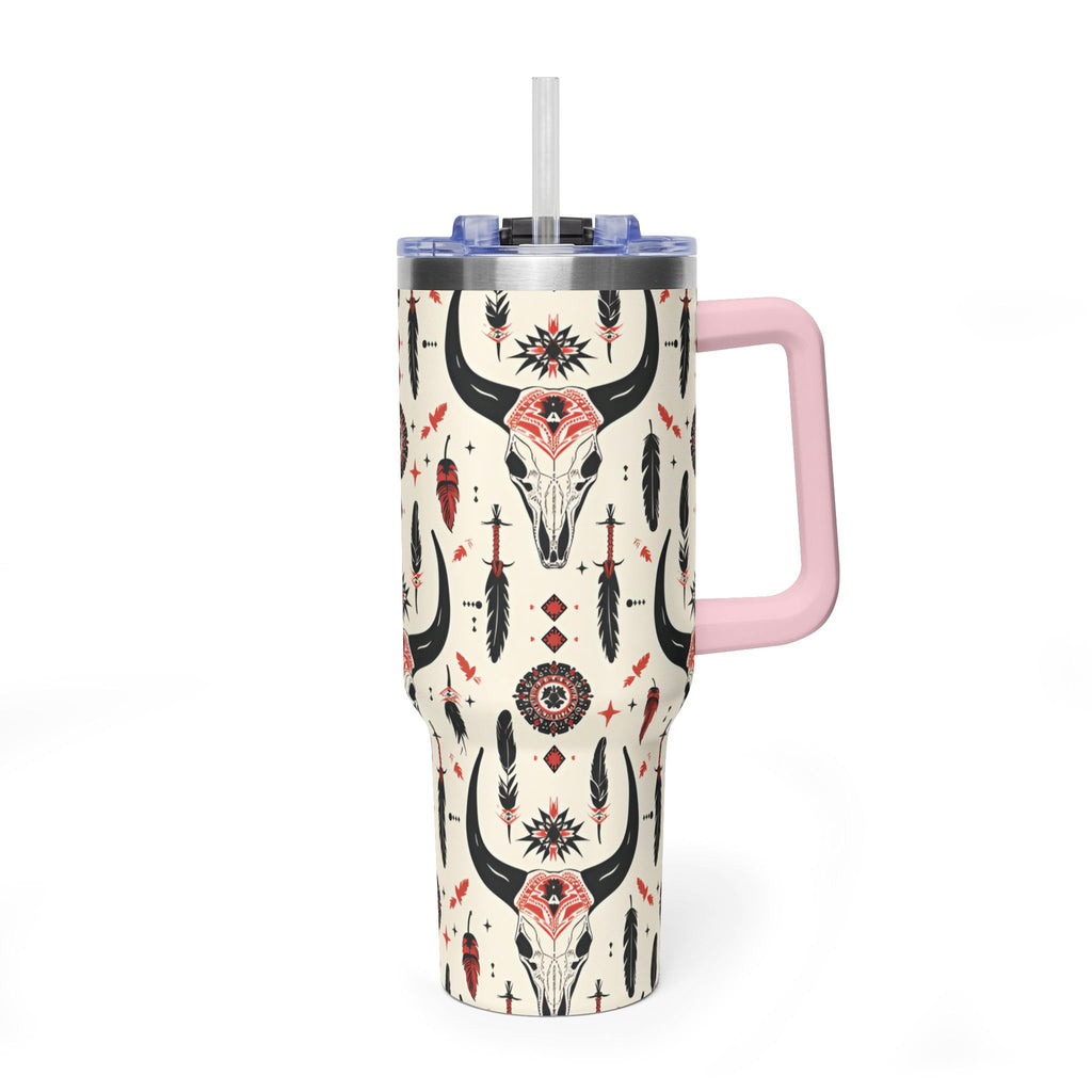 40oz Western Skull Tumbler — Boho Cow Skull & Feathers Vacuum Travel Mug