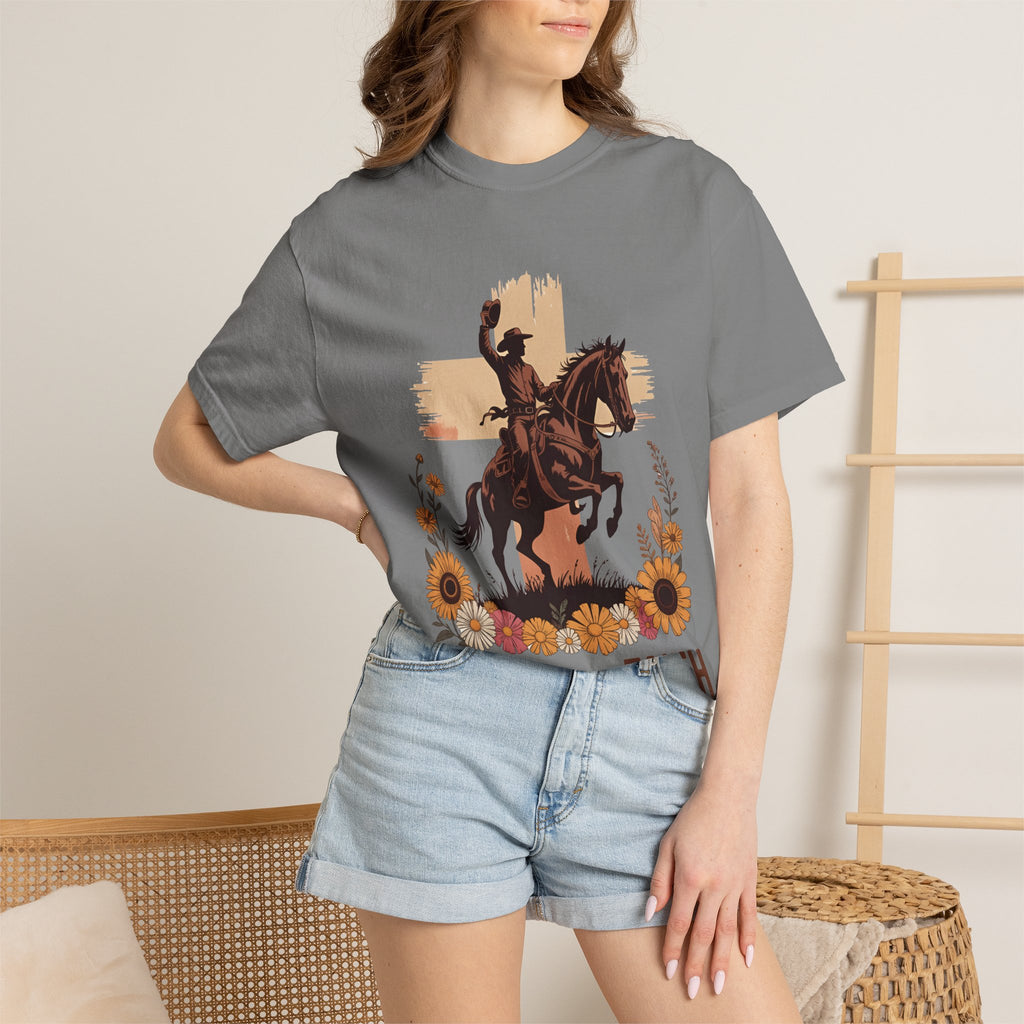 Ride With Faith Cowboy T-Shirt – Western Horse Graphic with Sunflowers