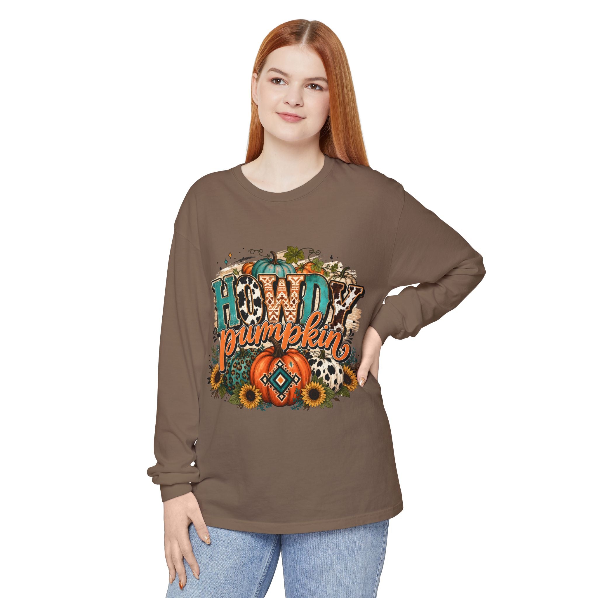 Howdy Pumpkin Long Sleeve Tee — Fall Pumpkin & Sunflower Graphic Shirt