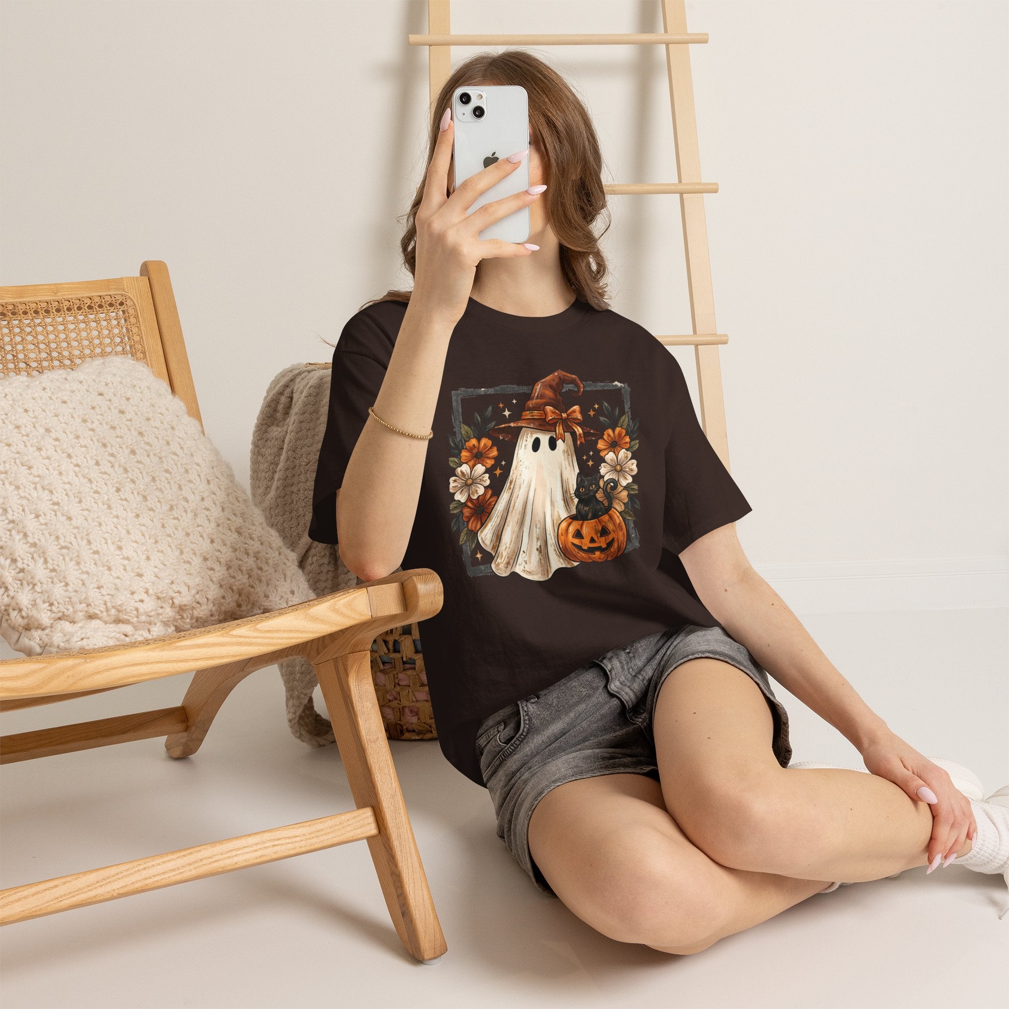Halloween Ghost Tee — Cute Ghost in Witch Hat with Pumpkin & Flowers