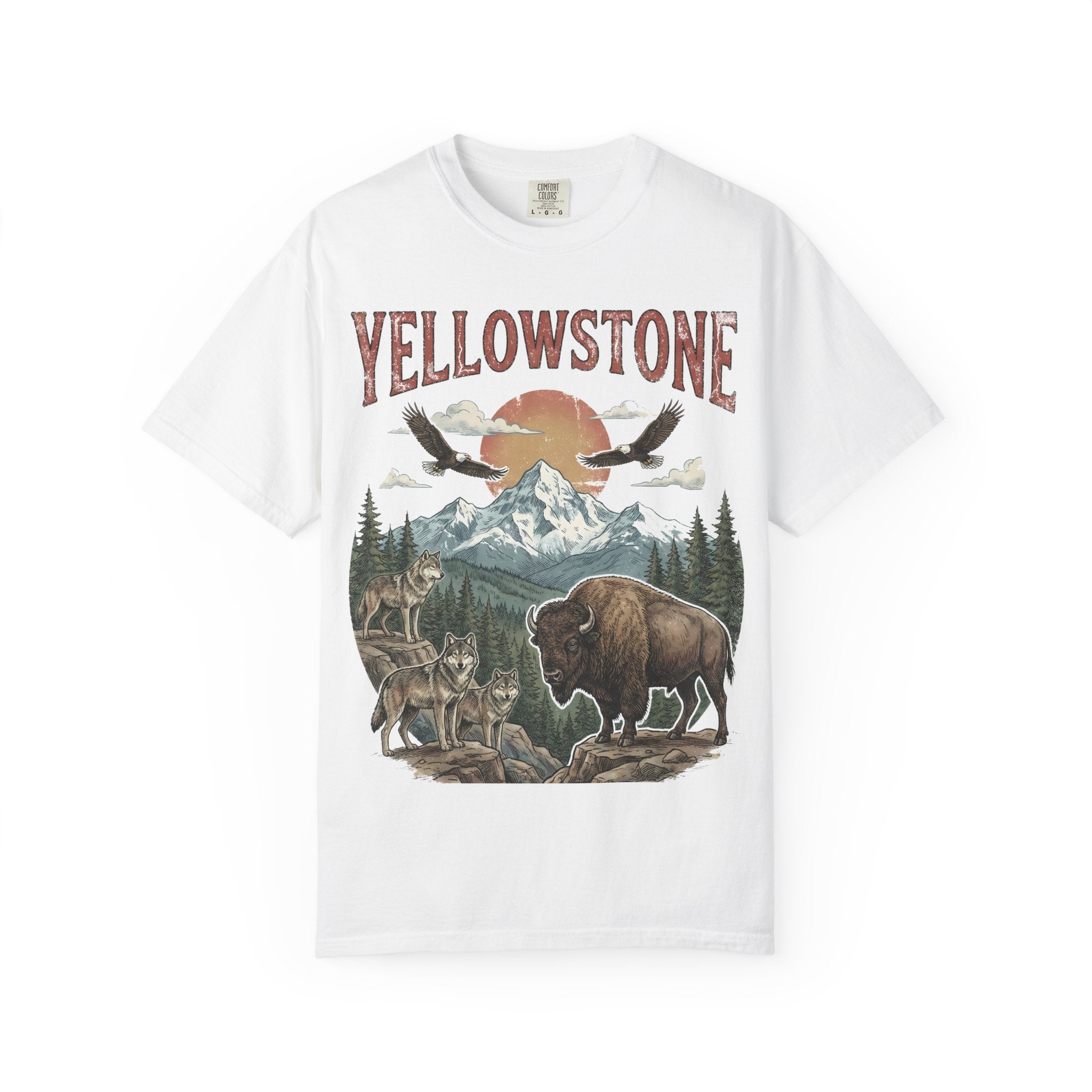 Yellowstone Wildlife Graphic T-Shirt — Vintage Bison, Wolves & Mountain Nature Tee