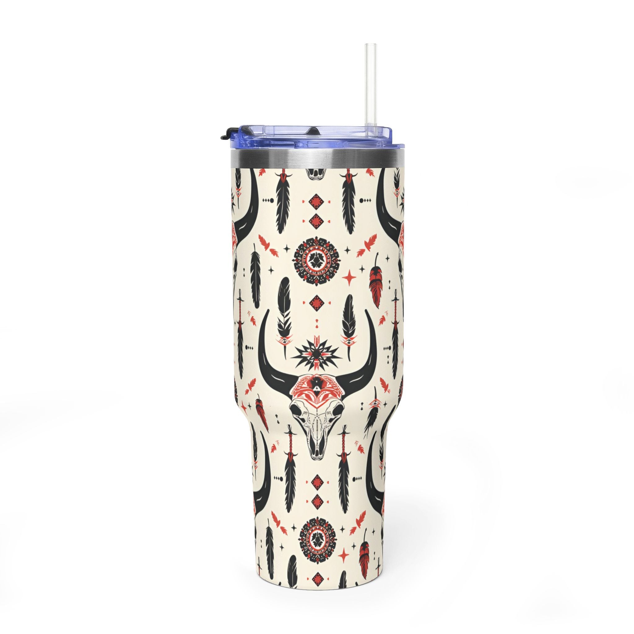 40oz Western Skull Tumbler — Boho Cow Skull & Feathers Vacuum Travel Mug