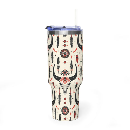 40oz Western Skull Tumbler — Boho Cow Skull & Feathers Vacuum Travel Mug