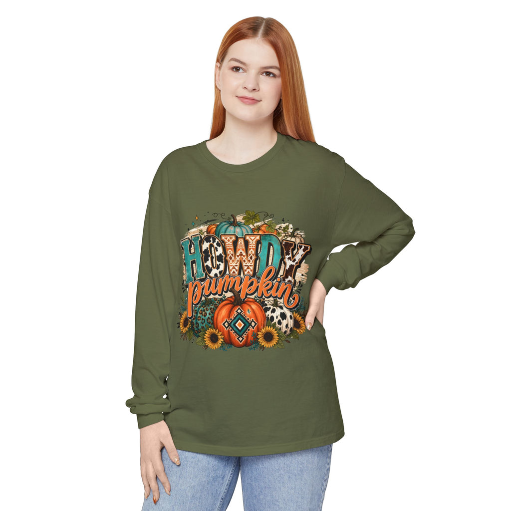 Howdy Pumpkin Long Sleeve Tee — Fall Pumpkin & Sunflower Graphic Shirt