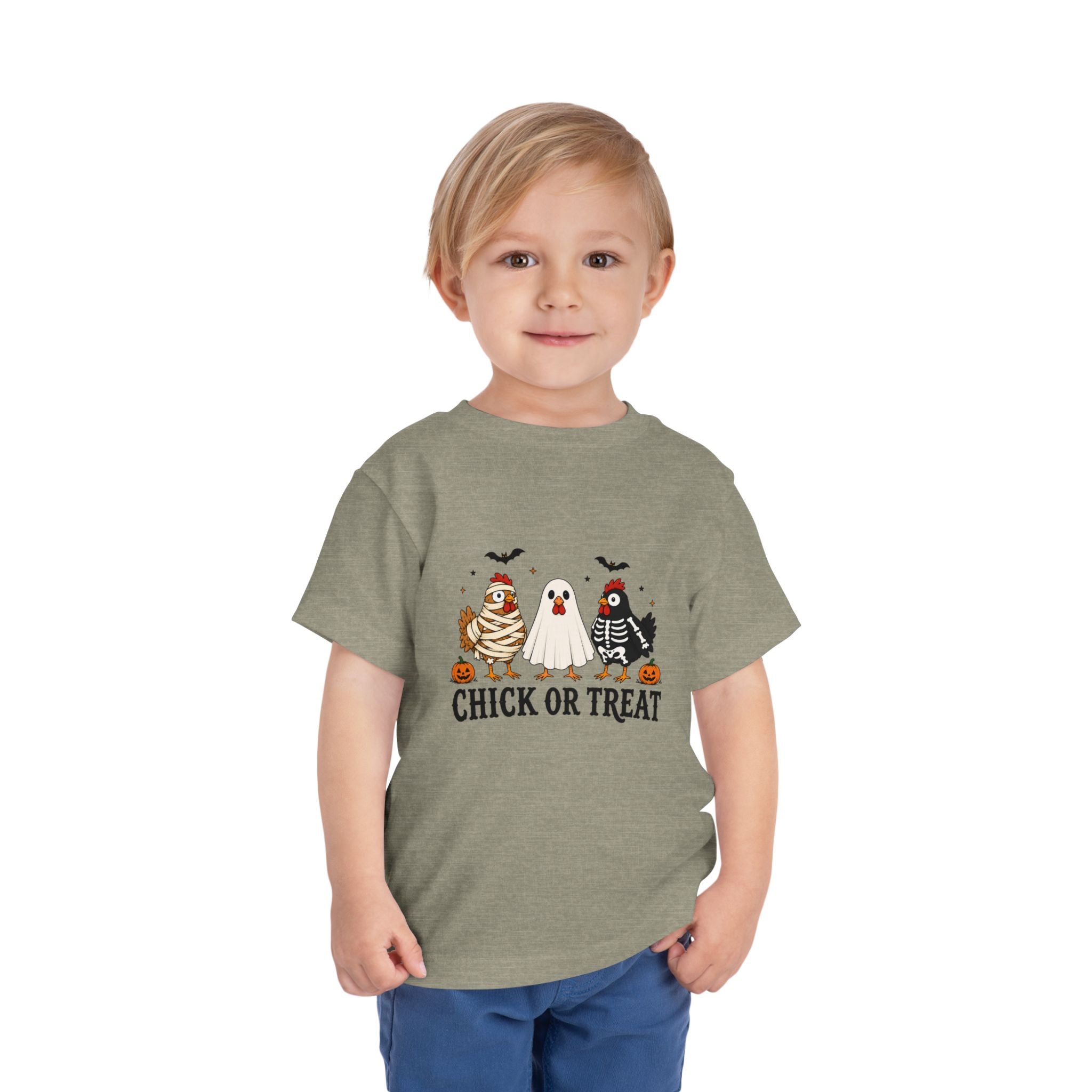 Toddler Halloween Tee - "Chick or Treat" Cute Costume Chick, Ghost & Skeleton Design