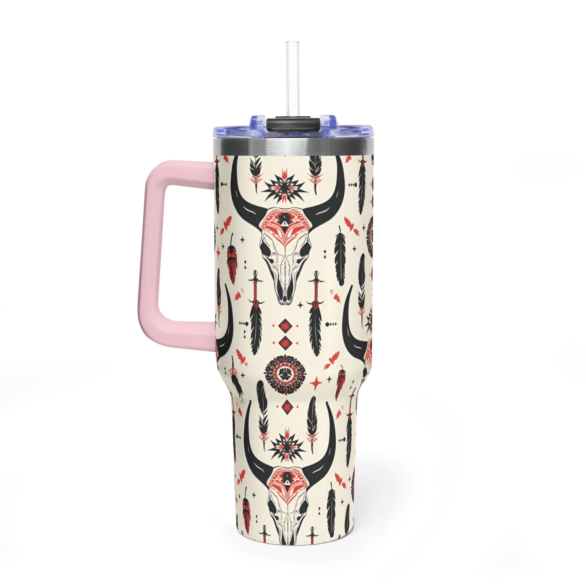 40oz Western Skull Tumbler — Boho Cow Skull & Feathers Vacuum Travel Mug