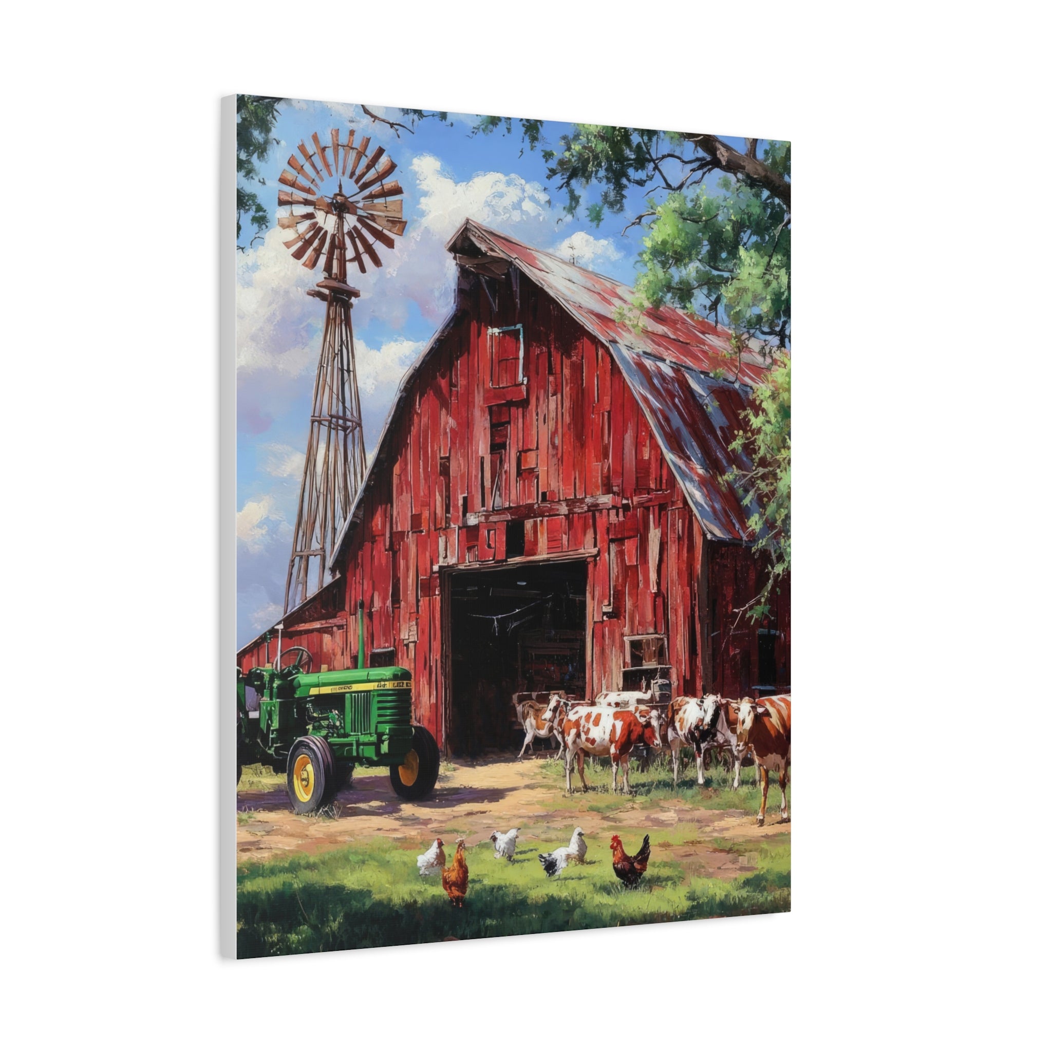 Rustic Red Barn Farm Canvas Print — Country Tractor & Animals Wall Art