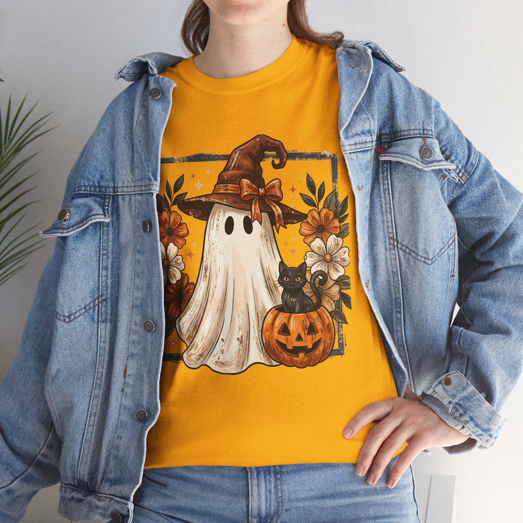 Halloween Ghost Tee — Cute Ghost in Witch Hat with Pumpkin & Flowers