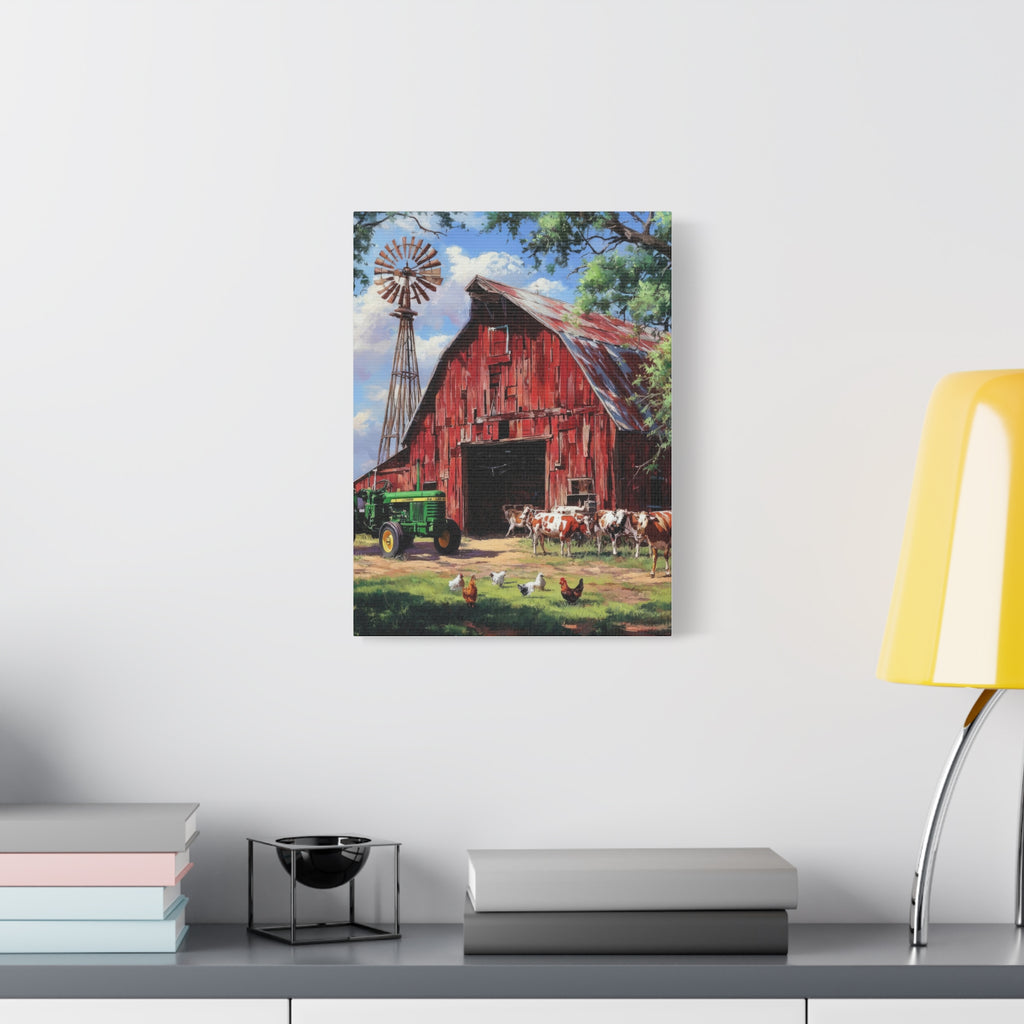Rustic Red Barn Farm Canvas Print — Country Tractor & Animals Wall Art