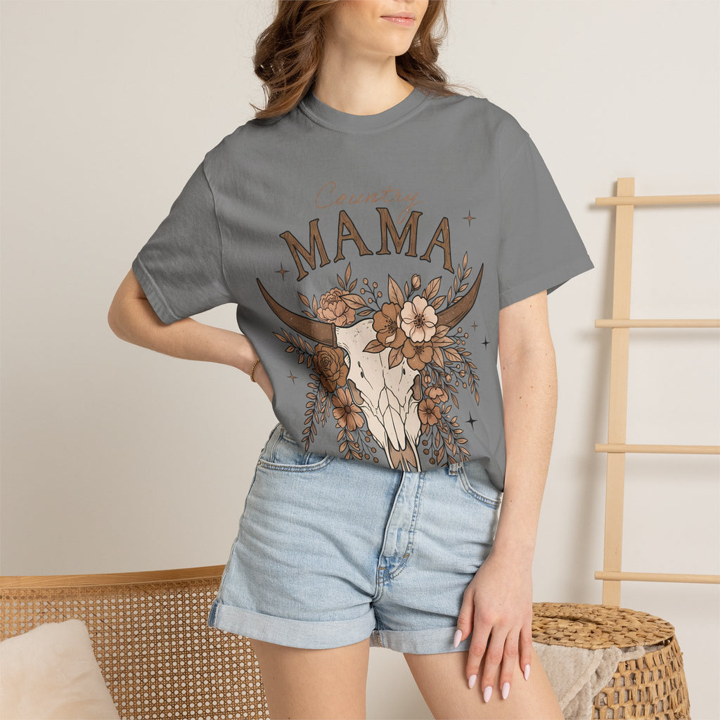 Country Mama T-Shirt — Floral Cow Skull Rustic Farmhouse Tee