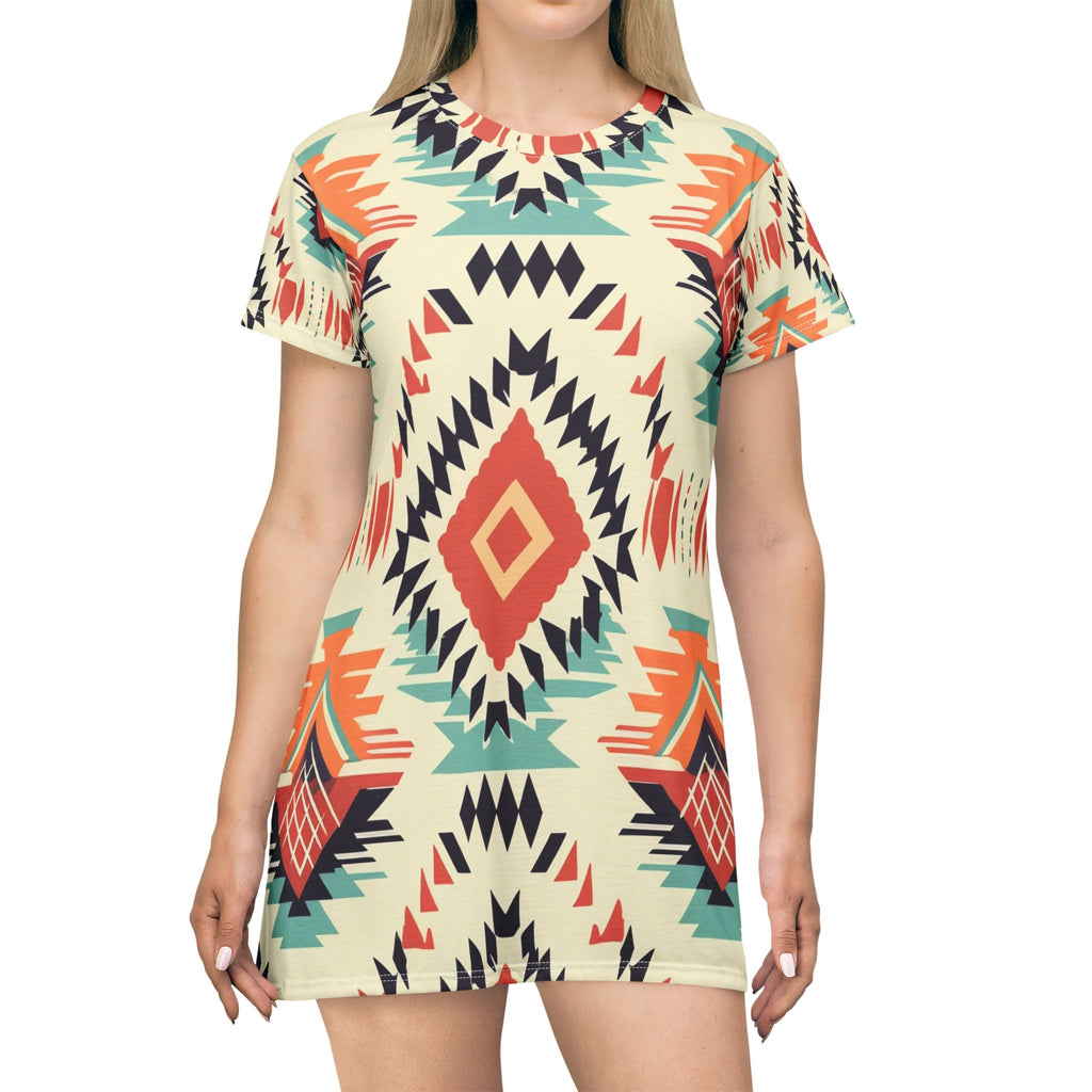 Aztec Diamond All-Over Print T-Shirt Dress — Boho Tribal Pattern