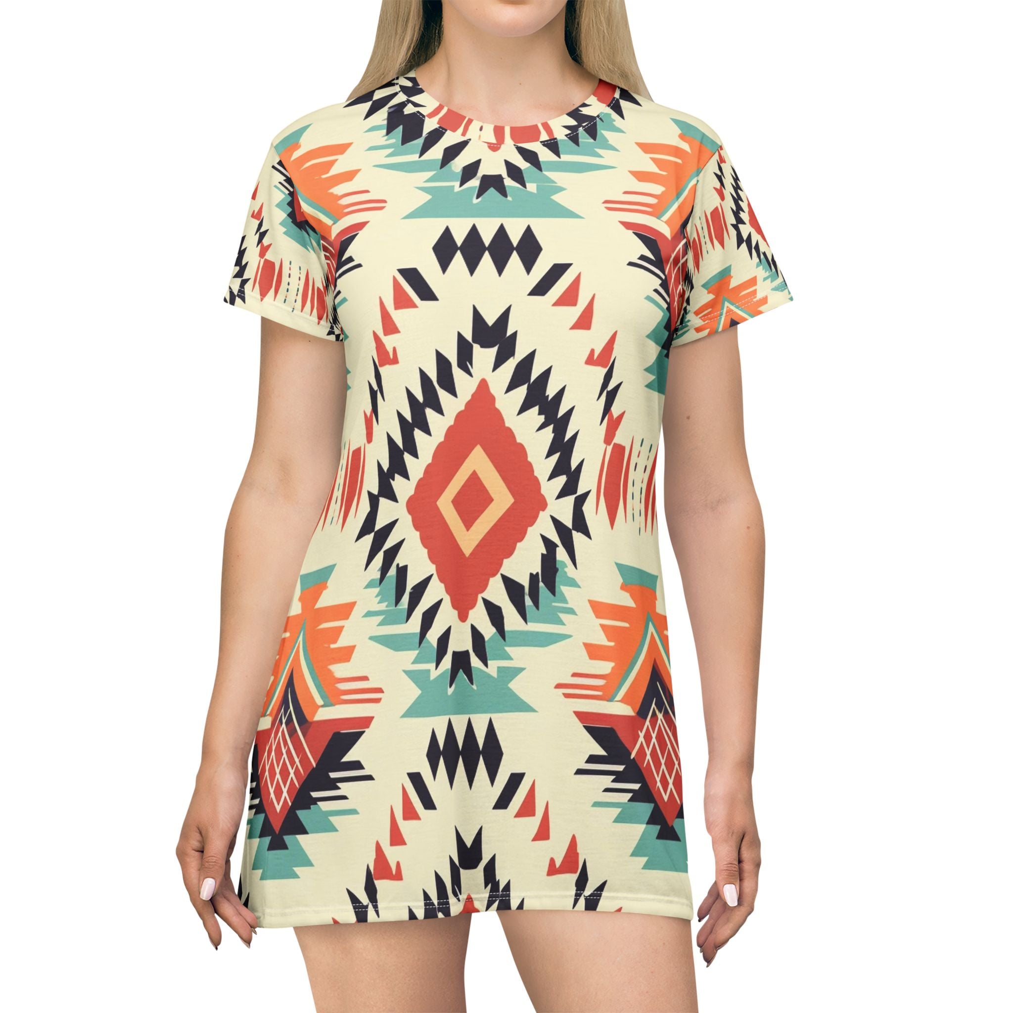 Aztec Diamond All-Over Print T-Shirt Dress — Boho Tribal Pattern
