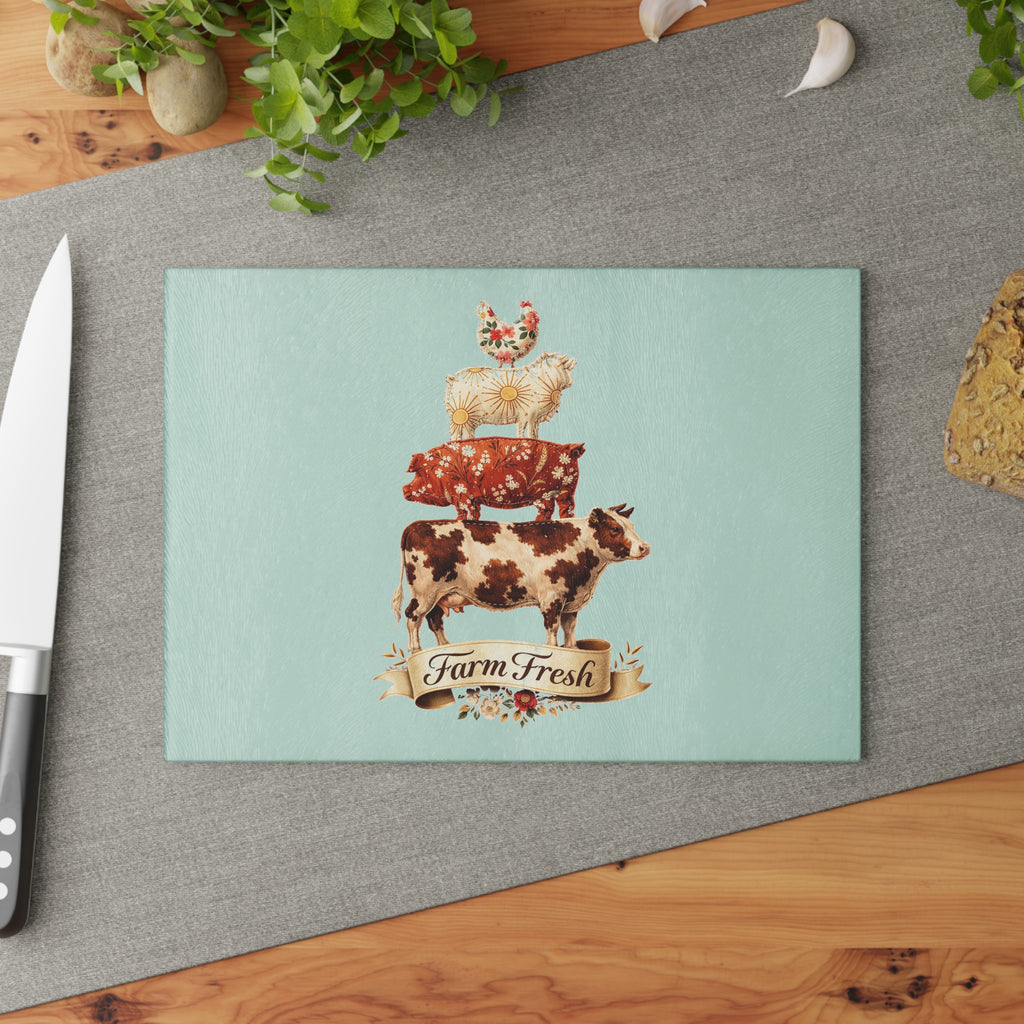 Farm Fresh Stacked Animals Glass Cutting Board