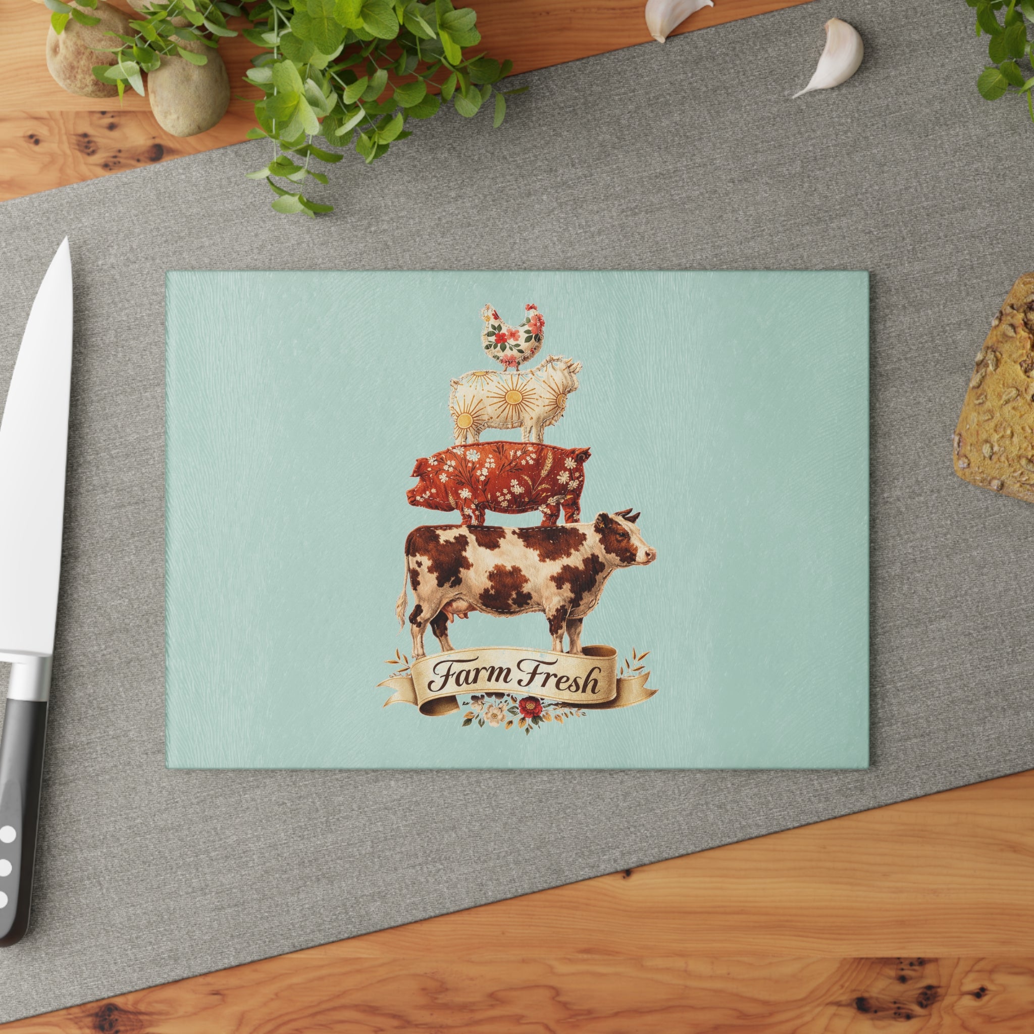 Farm Fresh Stacked Animals Glass Cutting Board