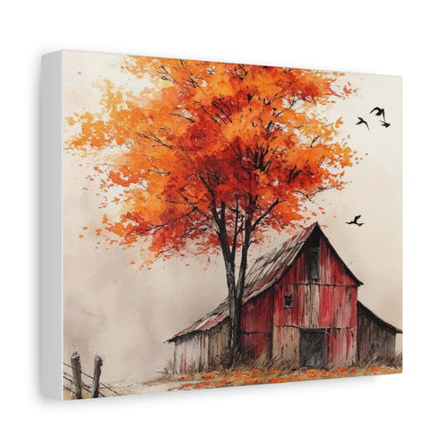 Autumn Barn Canvas Wall Art — Rustic Fall Landscape Matte Stretched Canvas