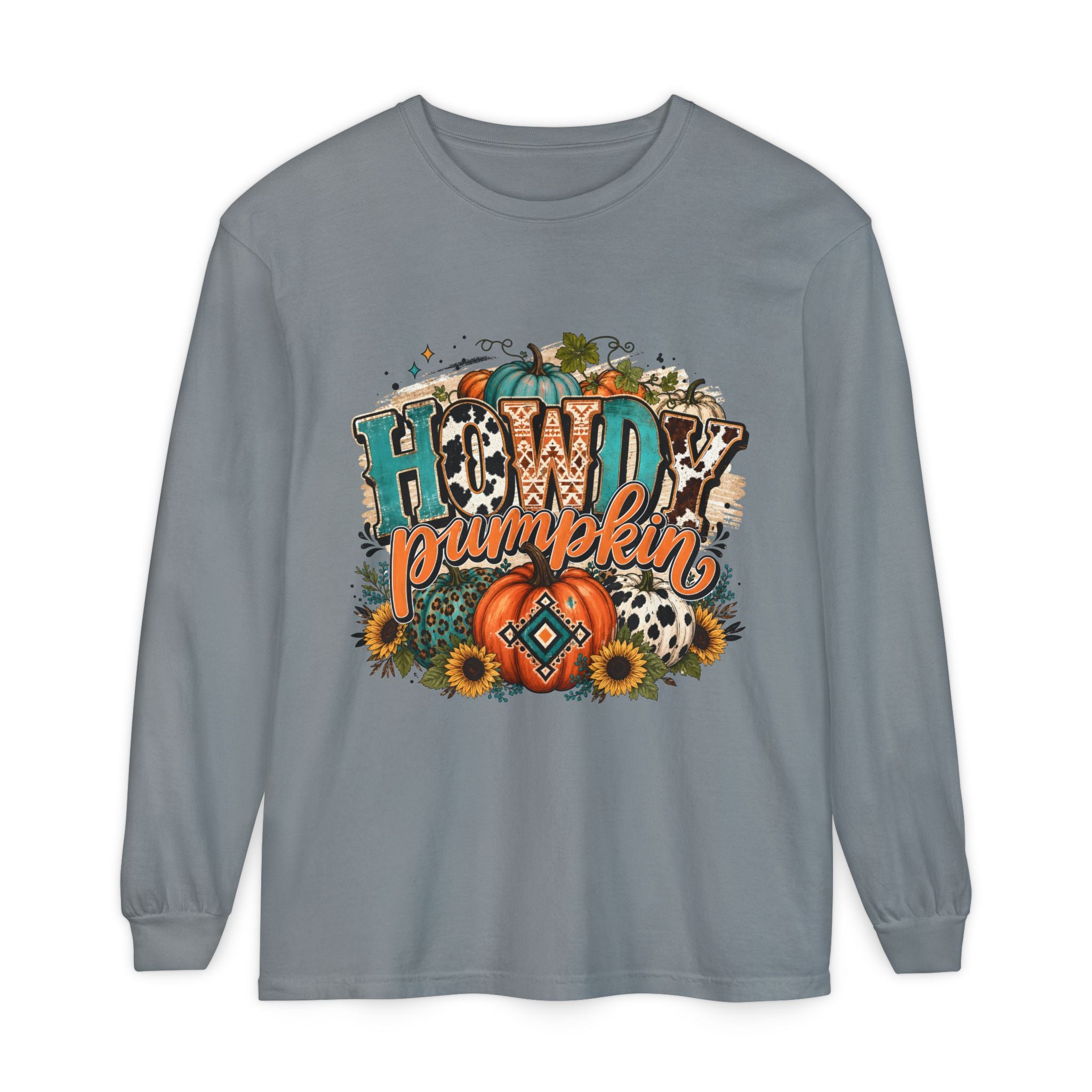 Howdy Pumpkin Long Sleeve Tee — Fall Pumpkin & Sunflower Graphic Shirt