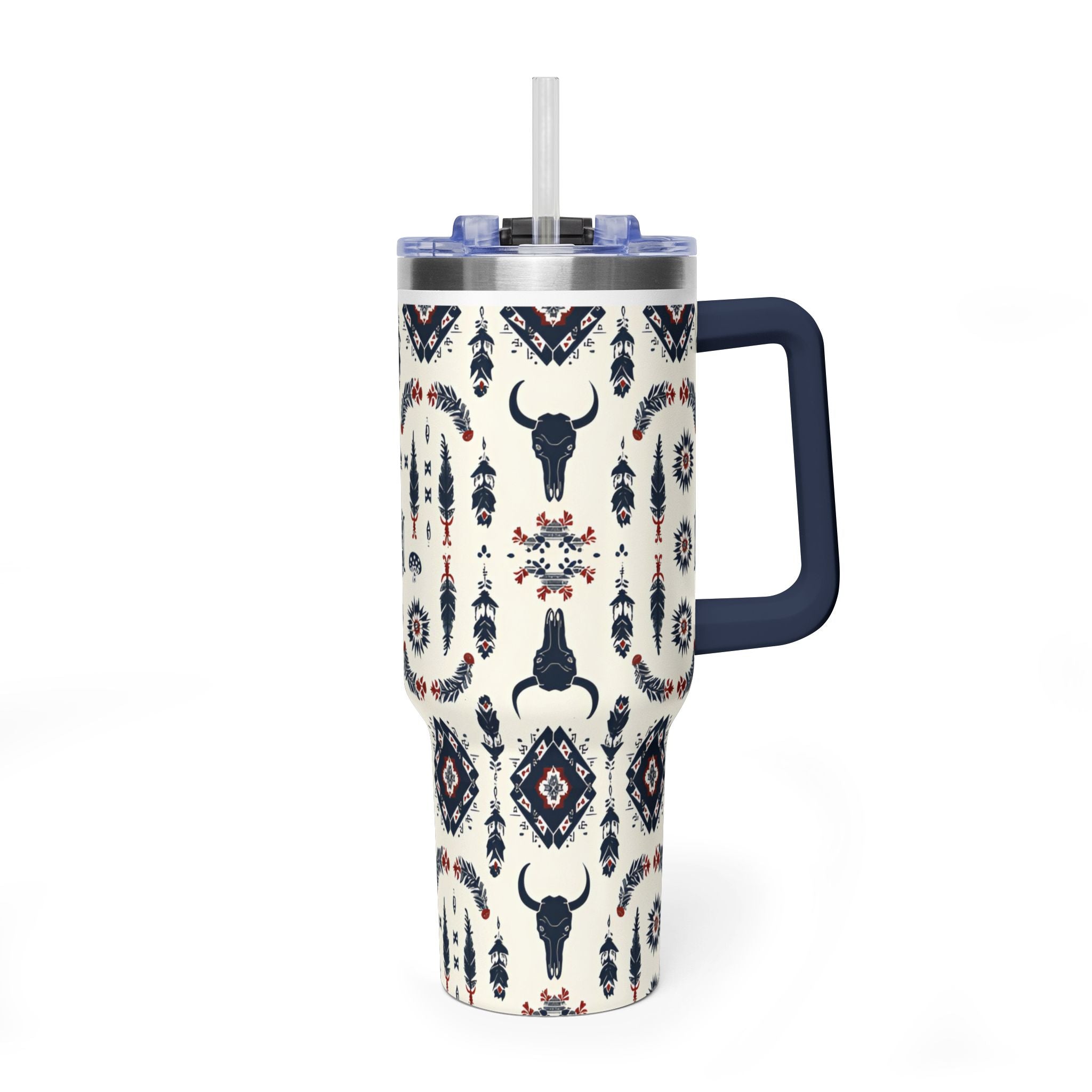 40oz Western Aztec Tumbler - Vacuum Insulated Travel Mug with Bull Skull Pattern