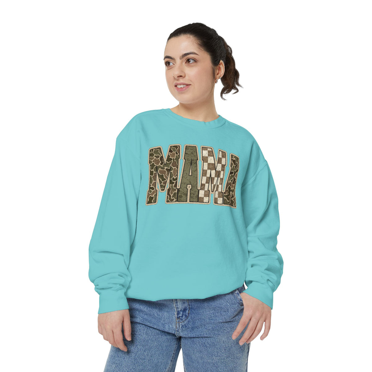 MAMA Camo Patch Sweatshirt — Women's Mama Graphic Crewneck