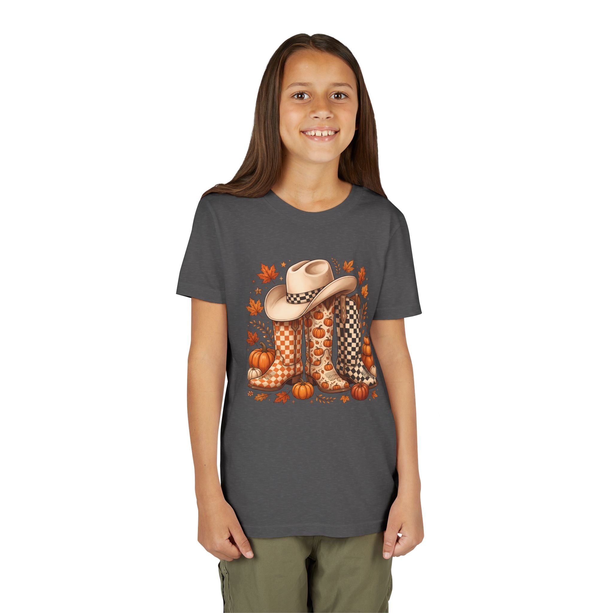 Youth T-Shirt — Fall Cowboy Boots & Pumpkins Autumn Graphic Tee