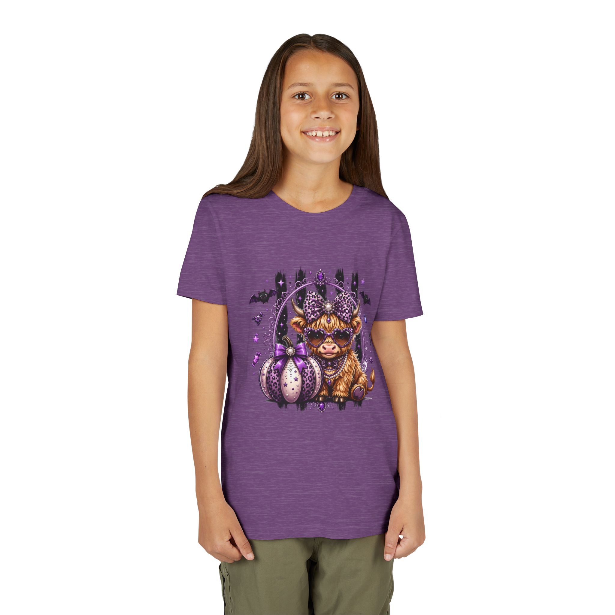 Halloween Highland Cow Youth Tee — Cute Spooky Cow with Purple Pumpkins