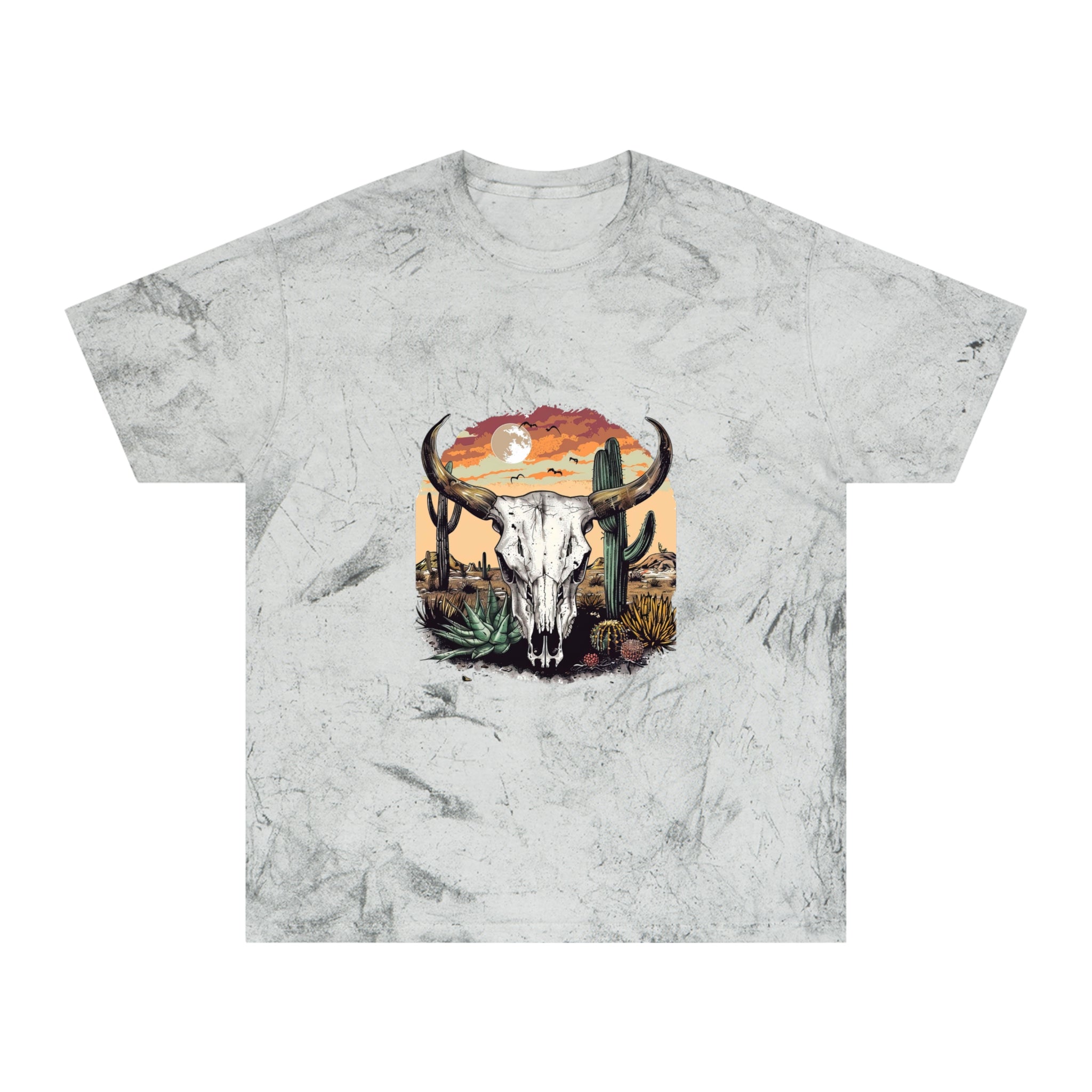 Western Skull Desert T-Shirt — Sunburst Tie-Dye Cactus Graphic