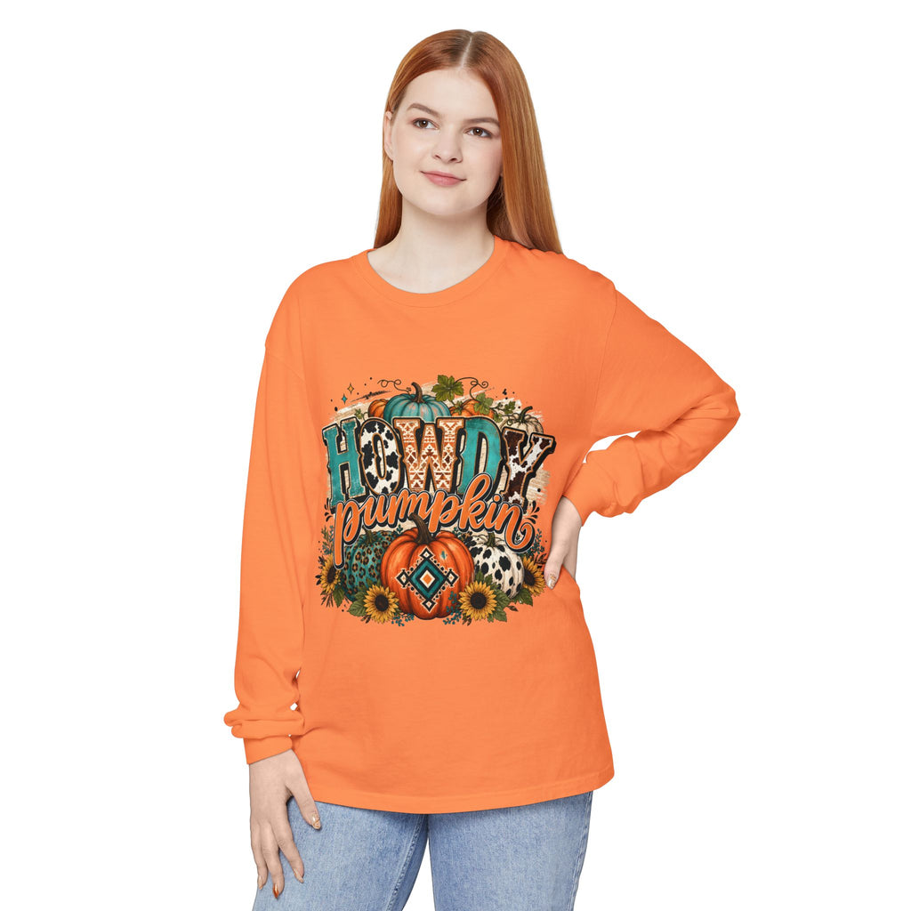 Howdy Pumpkin Long Sleeve Tee — Fall Pumpkin & Sunflower Graphic Shirt