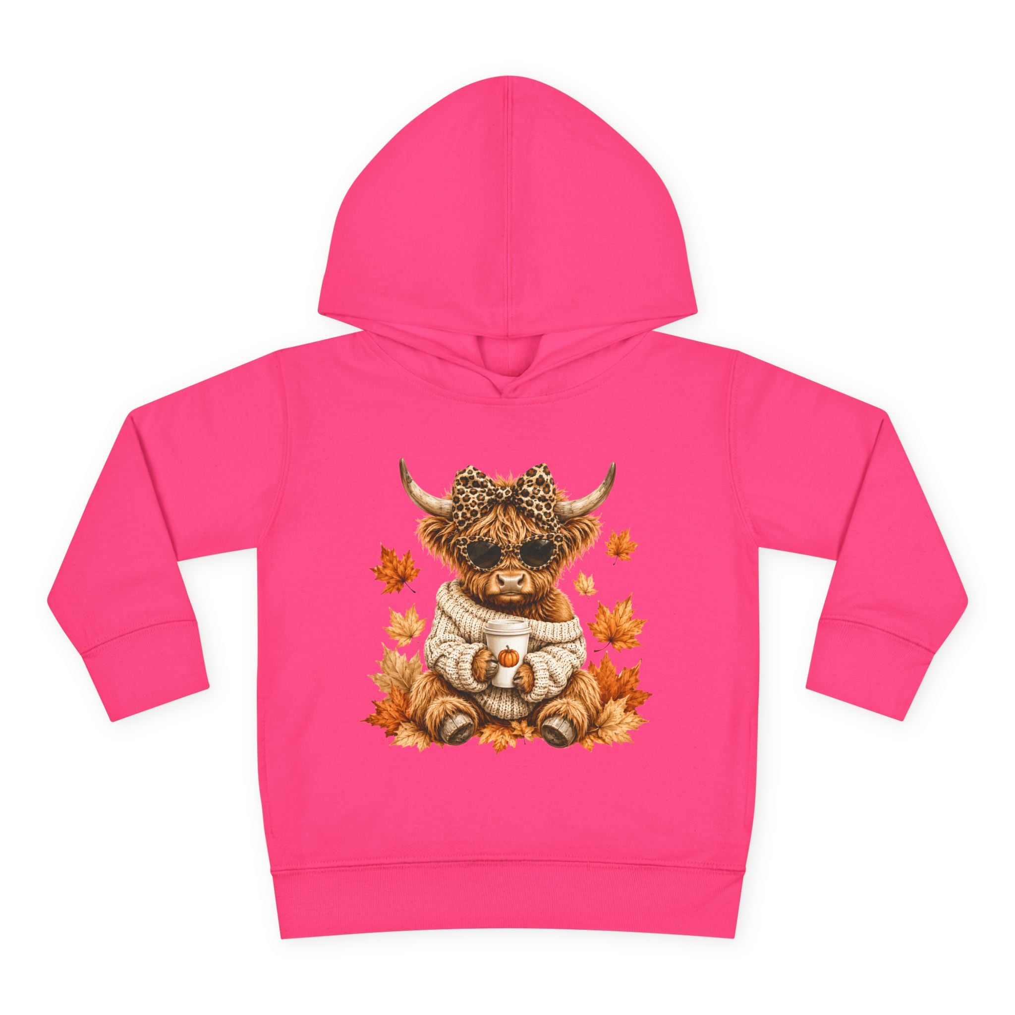 Toddler Hoodie — Autumn Highland Cow in Cozy Sweater (Fall Leaves)