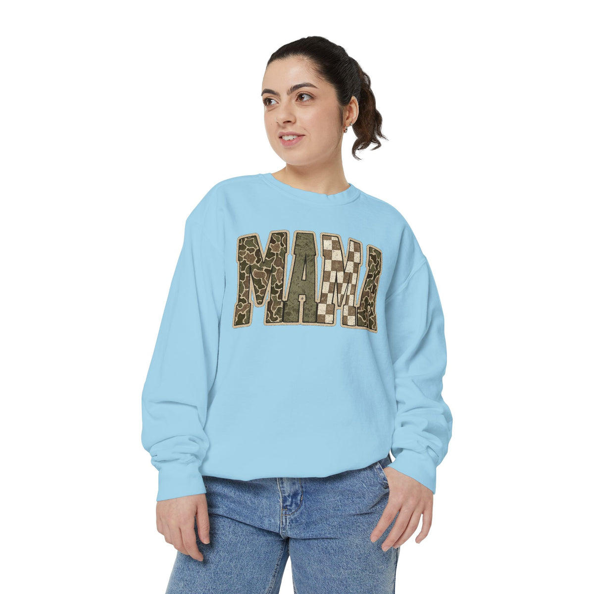 MAMA Camo Patch Sweatshirt — Women's Mama Graphic Crewneck