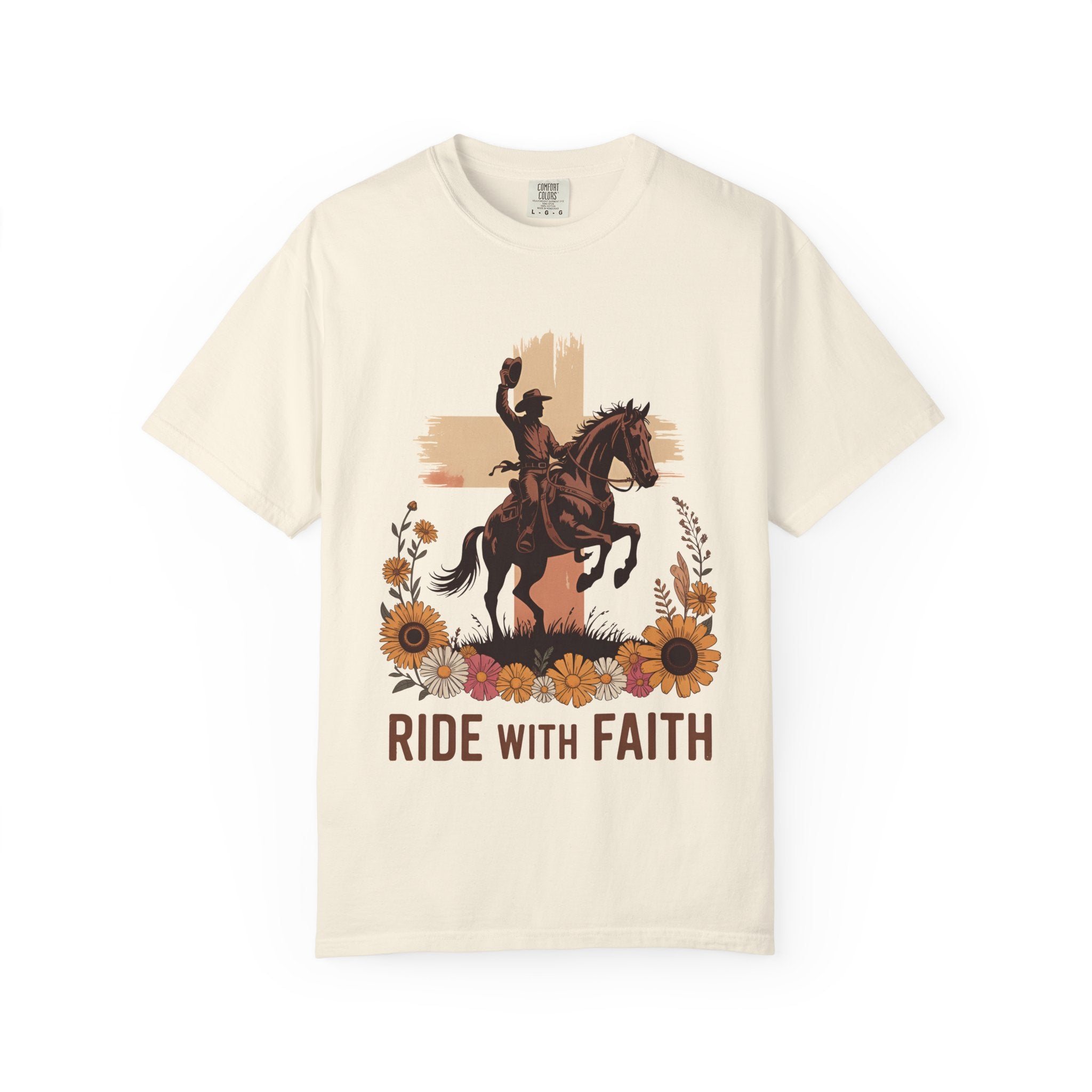 Ride With Faith Cowboy T-Shirt – Western Horse Graphic with Sunflowers