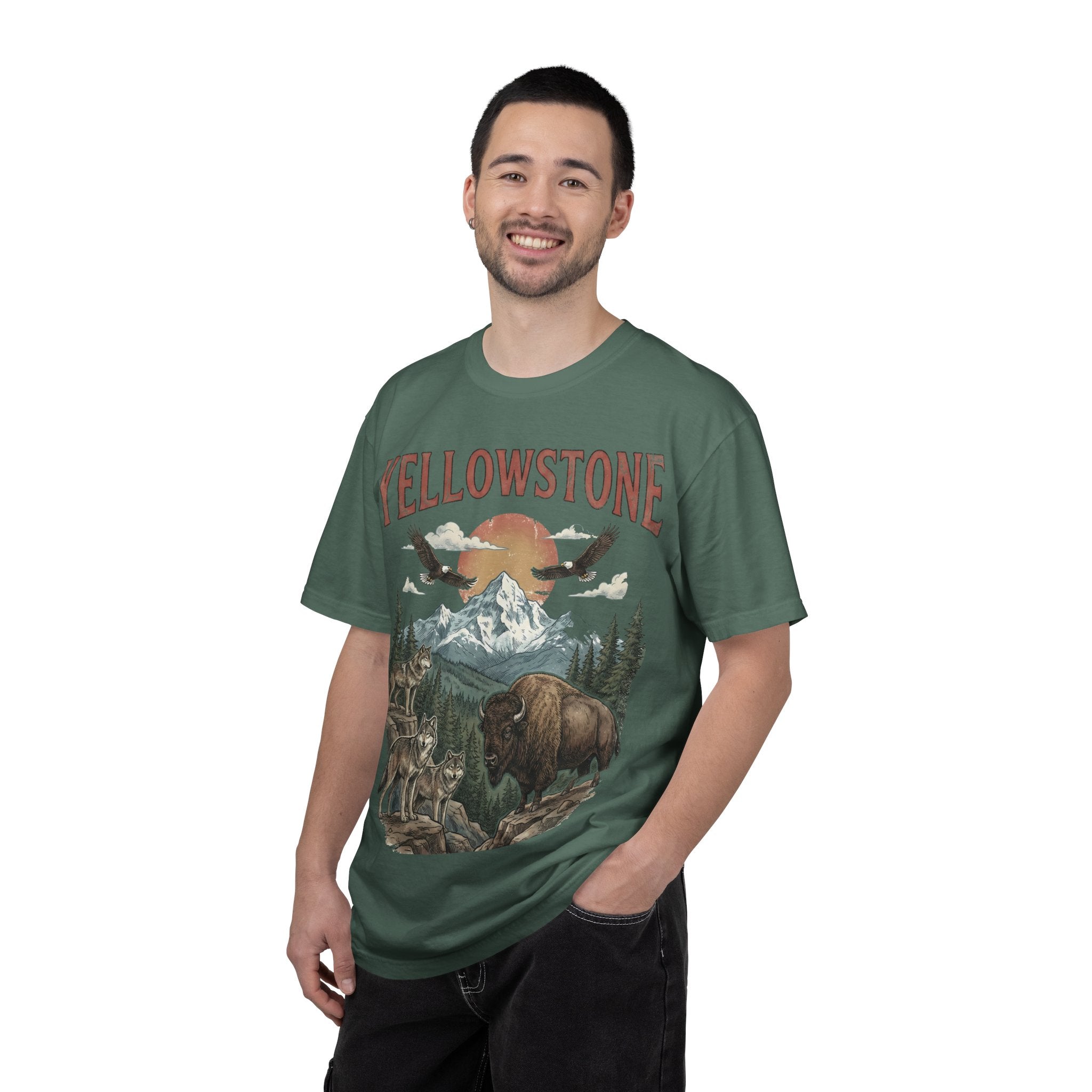 Yellowstone Wildlife Graphic T-Shirt — Vintage Bison, Wolves & Mountain Nature Tee