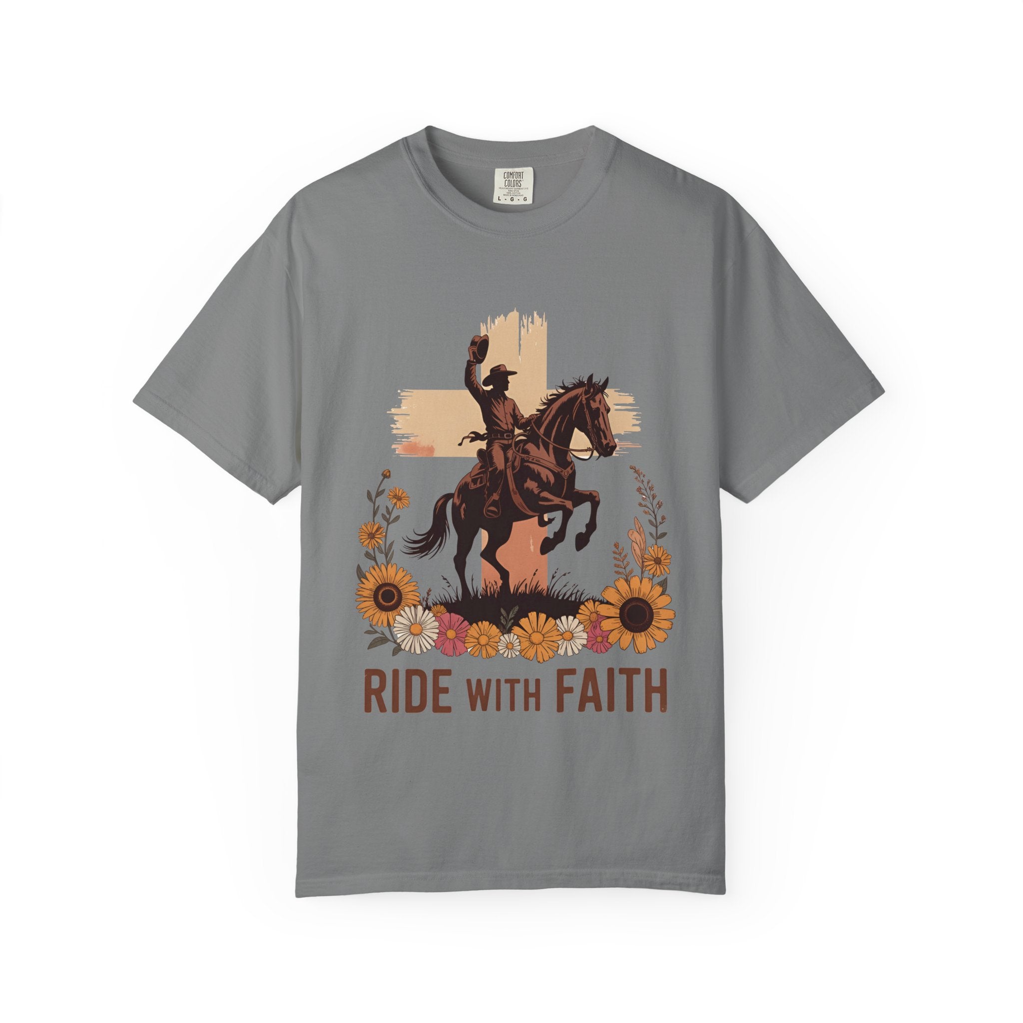 Ride With Faith Cowboy T-Shirt – Western Horse Graphic with Sunflowers