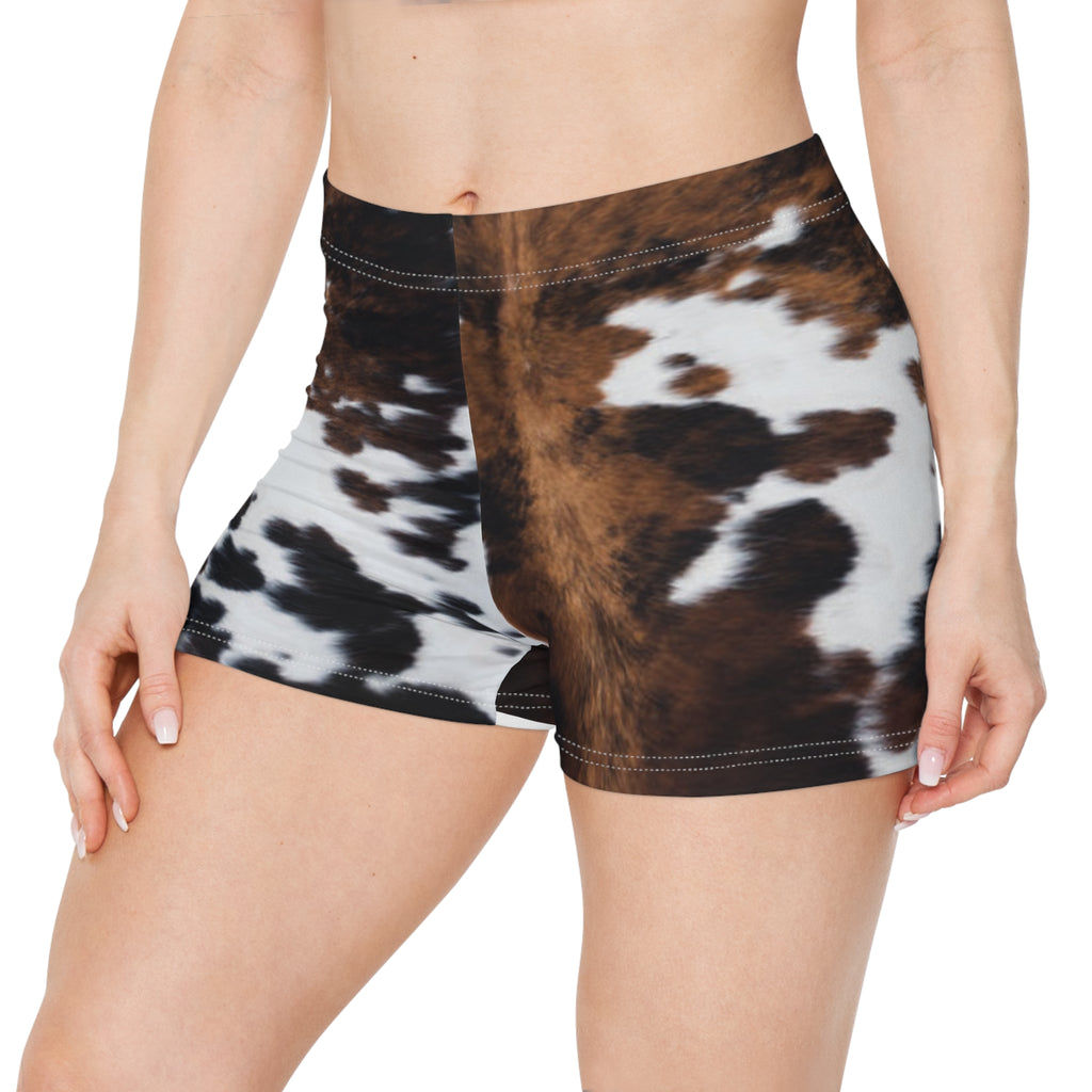 Cow Print Women's Shorts — Brown & White Animal Pattern Activewear