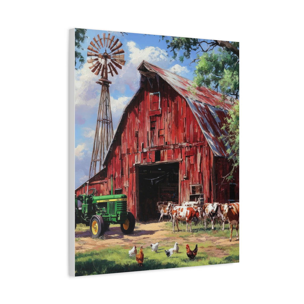 Rustic Red Barn Farm Canvas Print — Country Tractor & Animals Wall Art