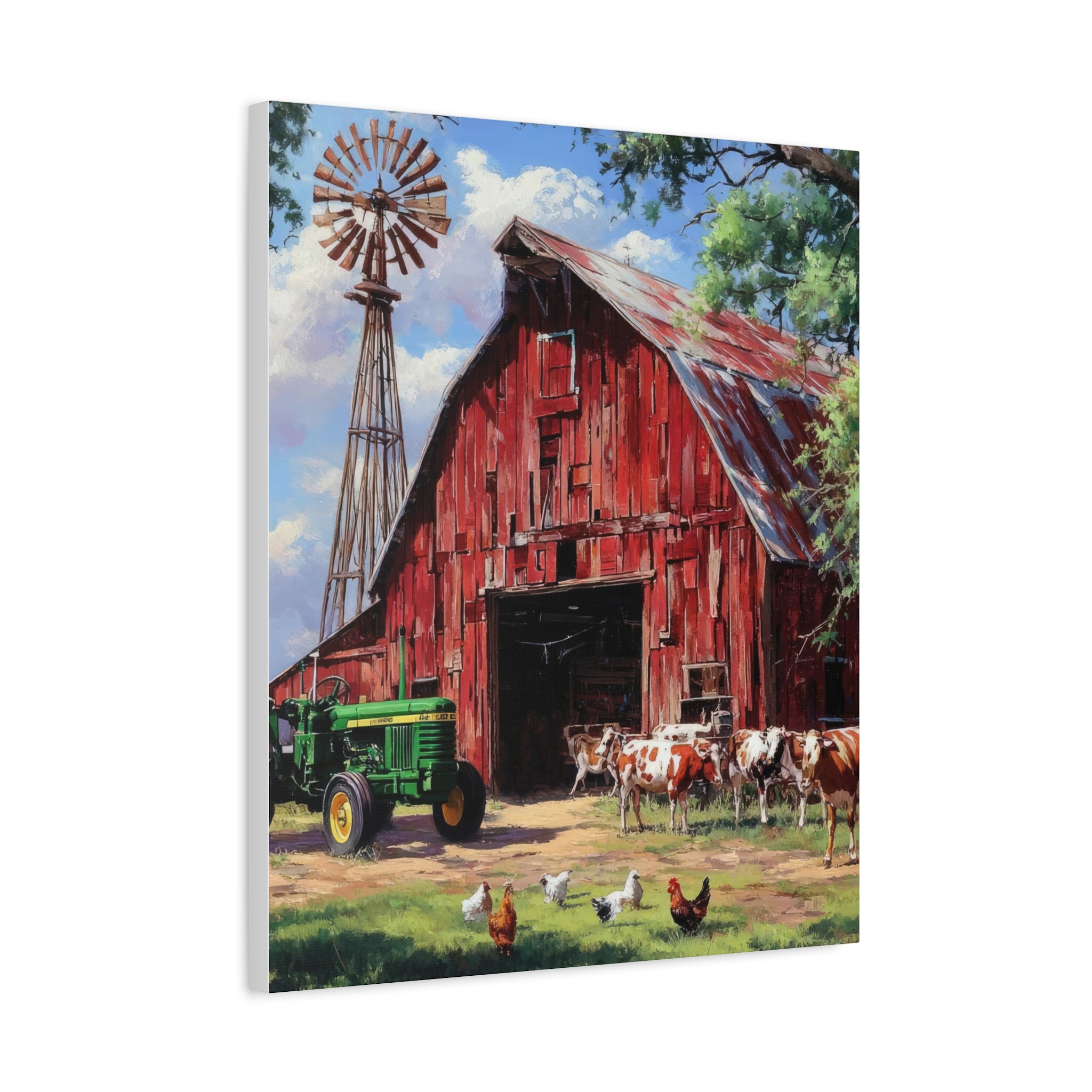 Rustic Red Barn Farm Canvas Print — Country Tractor & Animals Wall Art