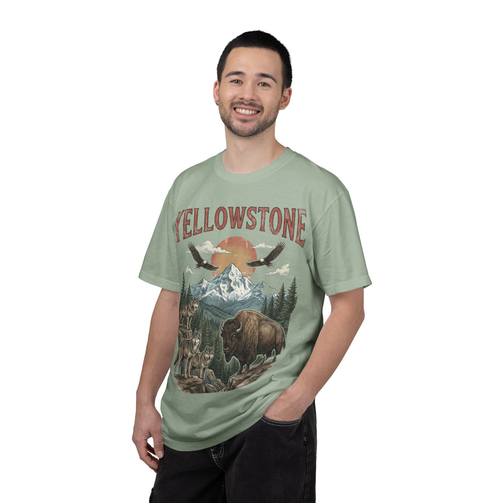 Yellowstone Wildlife Graphic T-Shirt — Vintage Bison, Wolves & Mountain Nature Tee
