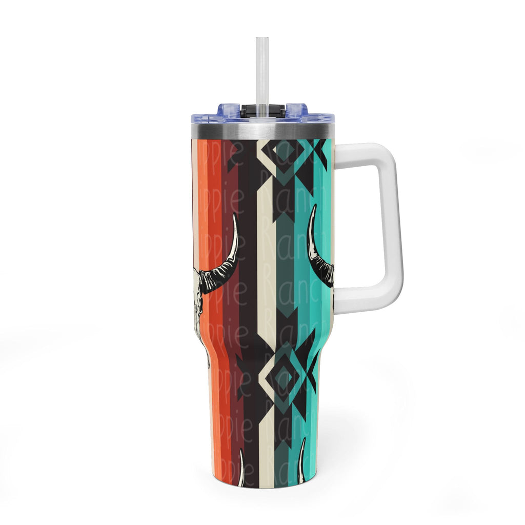 40oz Southwestern Skull Tumbler – Aztec Stripes Insulated Travel Cup