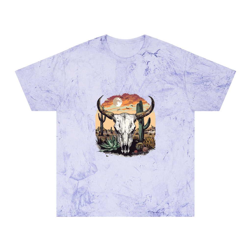 Western Skull Desert T-Shirt — Sunburst Tie-Dye Cactus Graphic