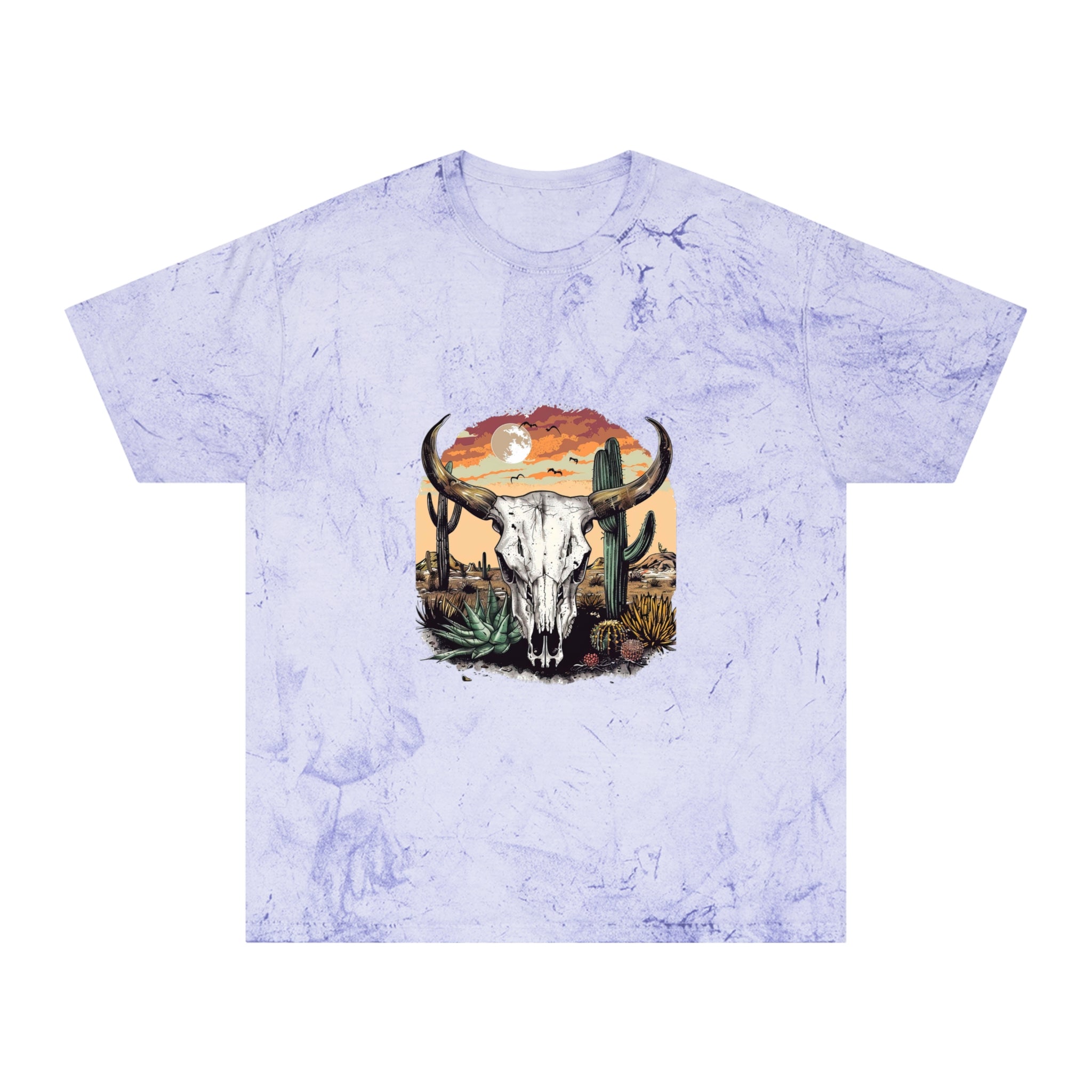Western Skull Desert T-Shirt — Sunburst Tie-Dye Cactus Graphic