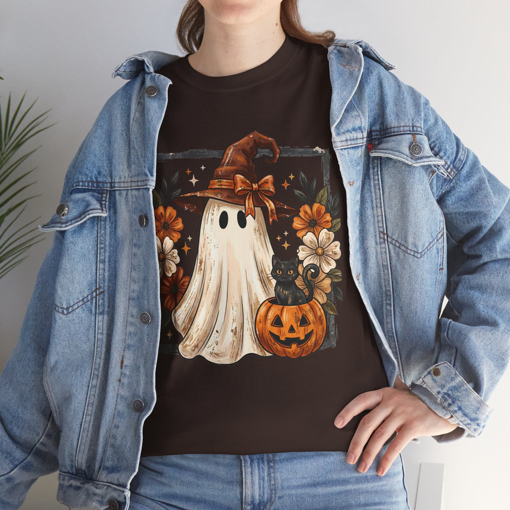 Halloween Ghost Tee — Cute Ghost in Witch Hat with Pumpkin & Flowers