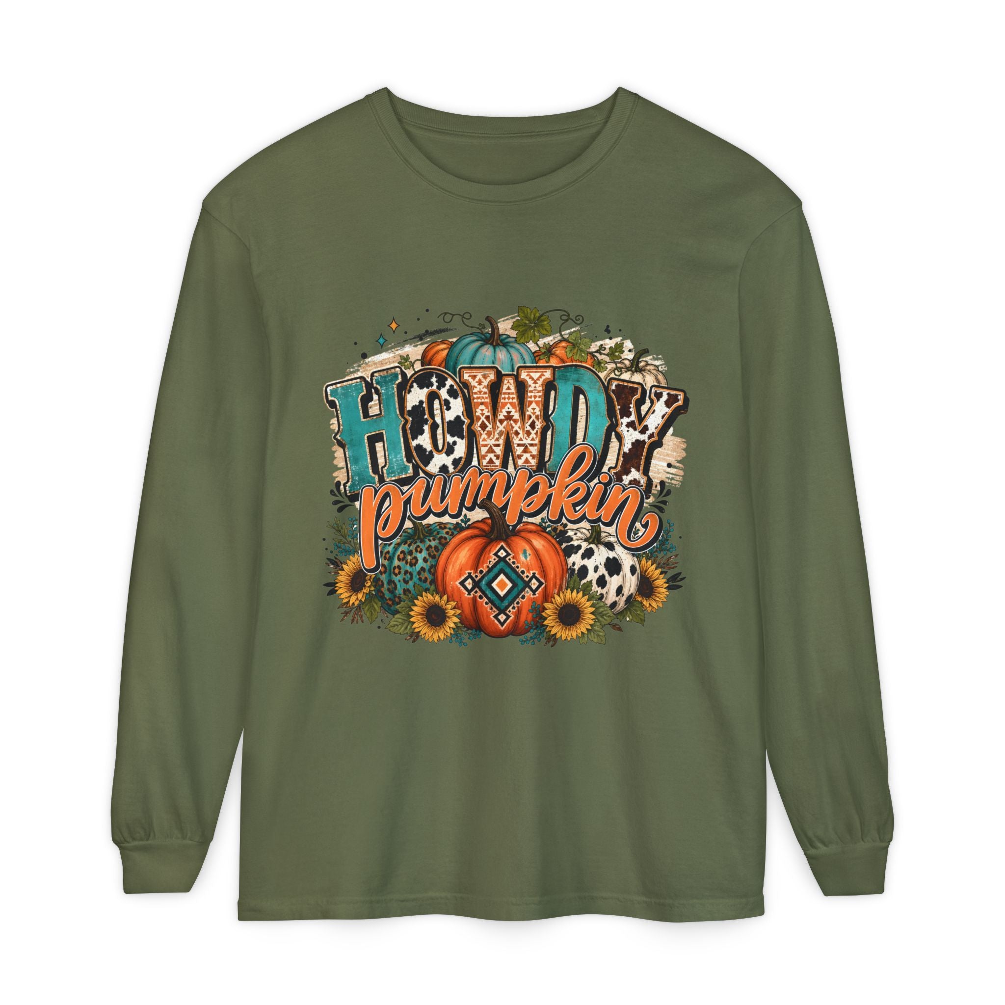 Howdy Pumpkin Long Sleeve Tee — Fall Pumpkin & Sunflower Graphic Shirt