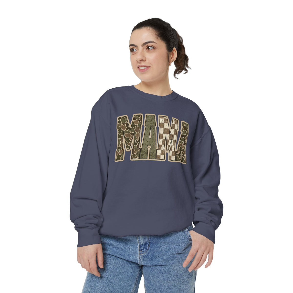 MAMA Camo Patch Sweatshirt — Women's Mama Graphic Crewneck
