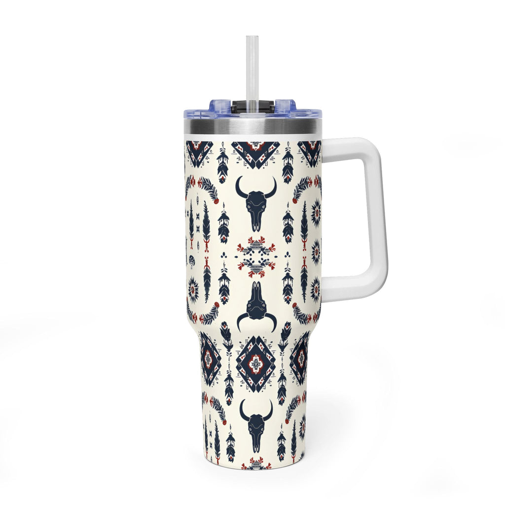 40oz Western Aztec Tumbler - Vacuum Insulated Travel Mug with Bull Skull Pattern
