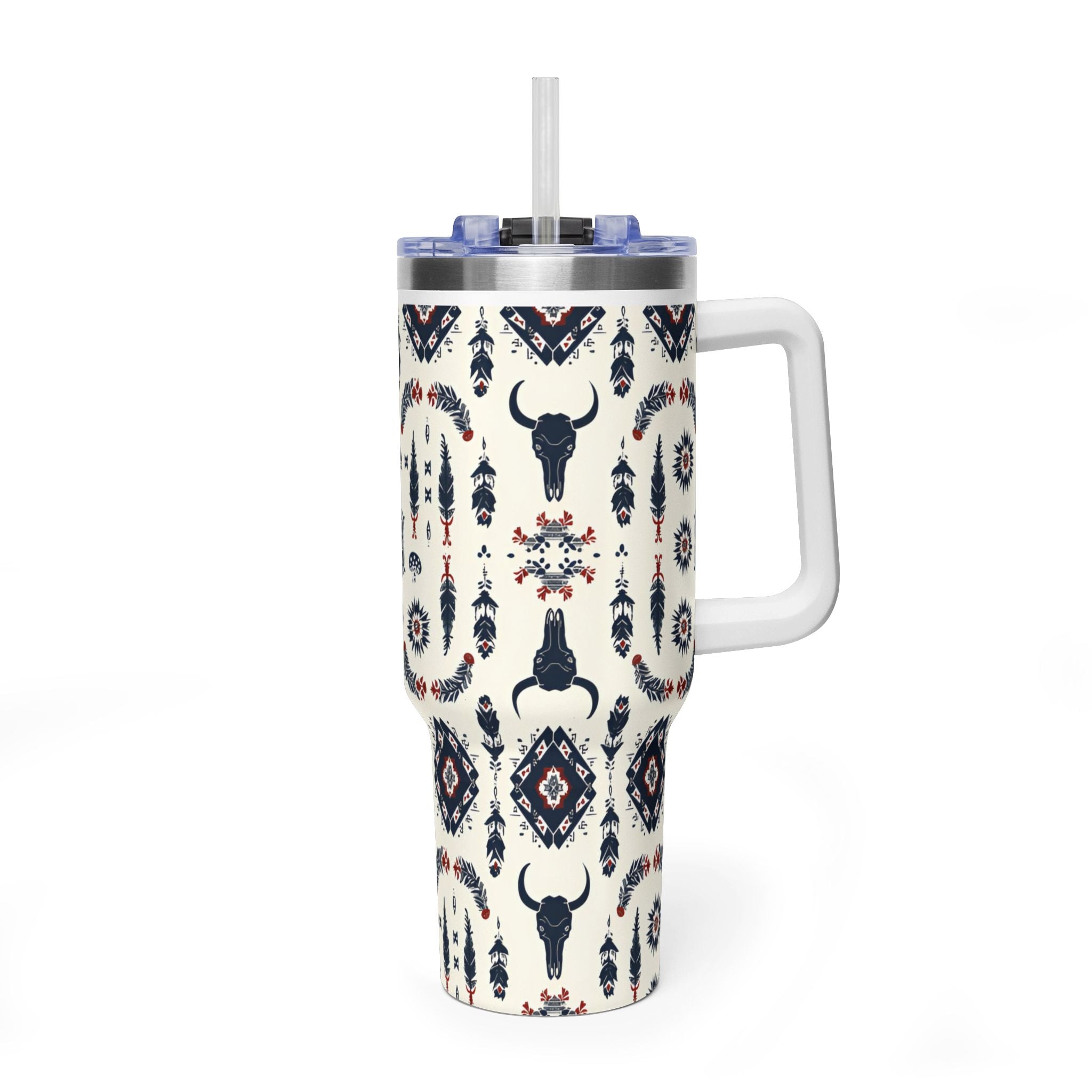 40oz Western Aztec Tumbler - Vacuum Insulated Travel Mug with Bull Skull Pattern